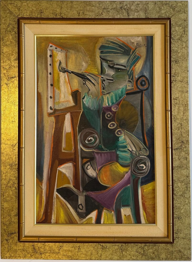 Pablo Picasso Spanish 1881-1973 Beautiful Oil On Canvas Painting in the style of Dali Magritte, Era: This cubist oil on canvas painting portrays a painter, capturing the essence of the artist at work through the distinctive cubist style. Measuring 28 x 17 inches, the artwork is part of a private coll