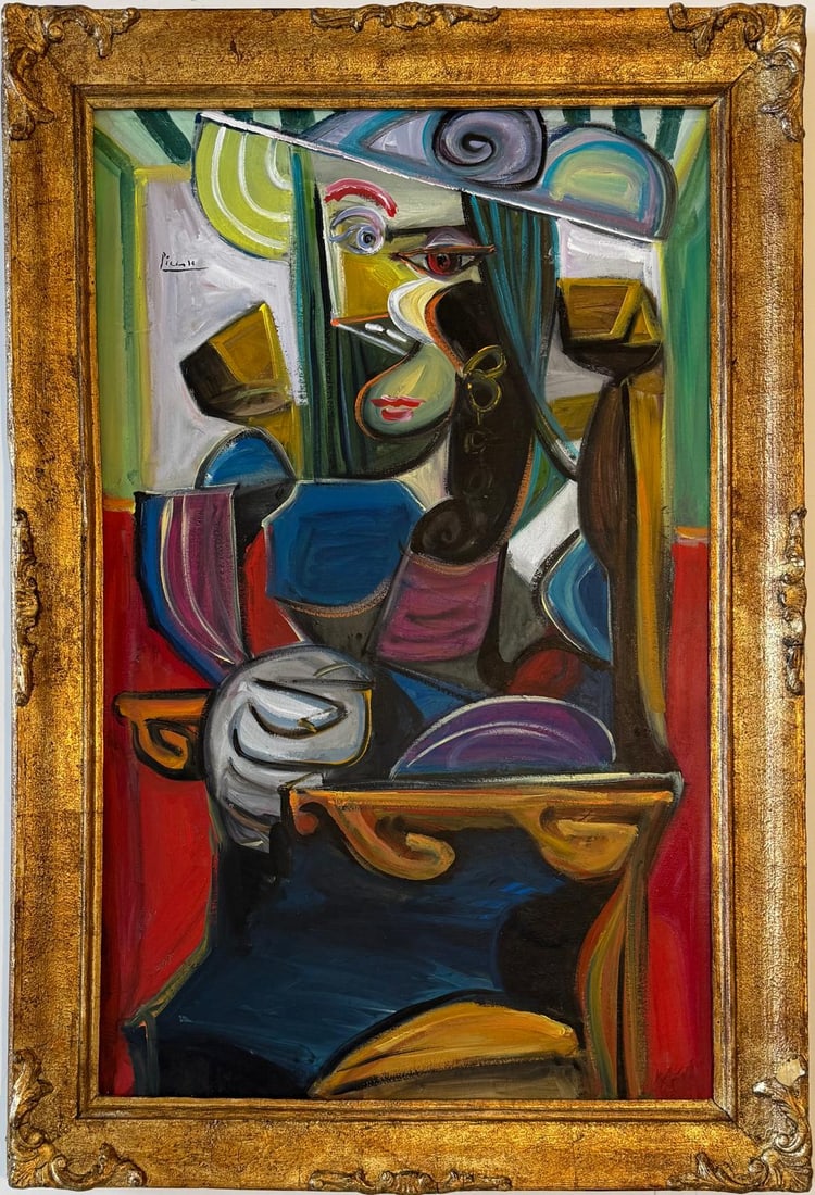Pablo Picasso Spanish 1881-1973 Beautiful Oil On Canvas Painting in the style of Dali Magritte, Era: Title: Untitled Technique: Oil on canvas Dimensions: 31 x 19 inches Collection: Private Collection Description:This untitled oil painting showcases a vivid and dynamic composition in a modernist style