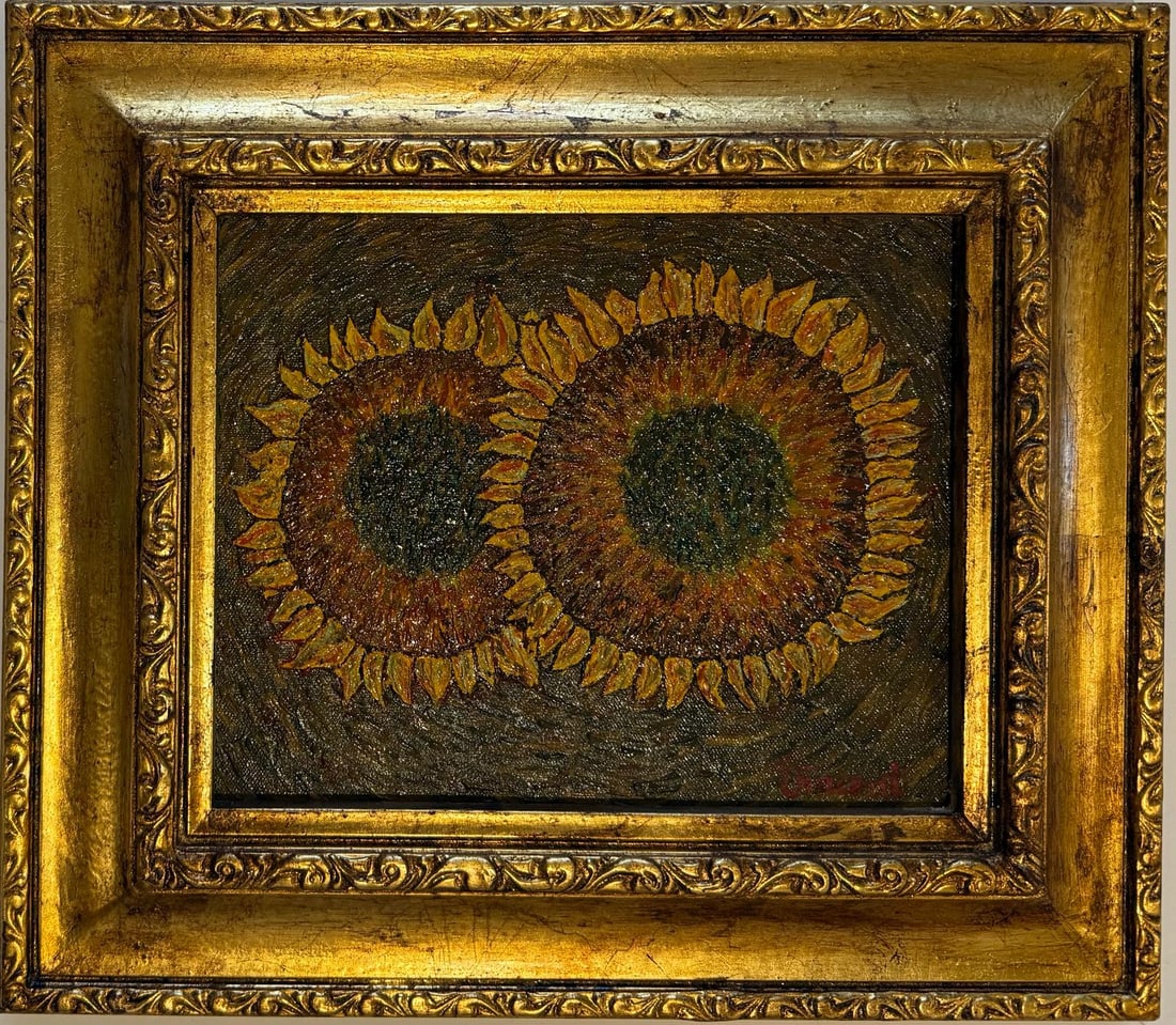 Vincent Van Gogh Dutch 1853-1890 Oil on Canvas painting in the style of Gaugin, Degas Era.: Title: Deux tournesols Technique: Oil on canvas Dimensions: 8 x 10 inches Collection: Private Description:This intimate oil on canvas features two striking sunflowers depicted in rich, textured brushs