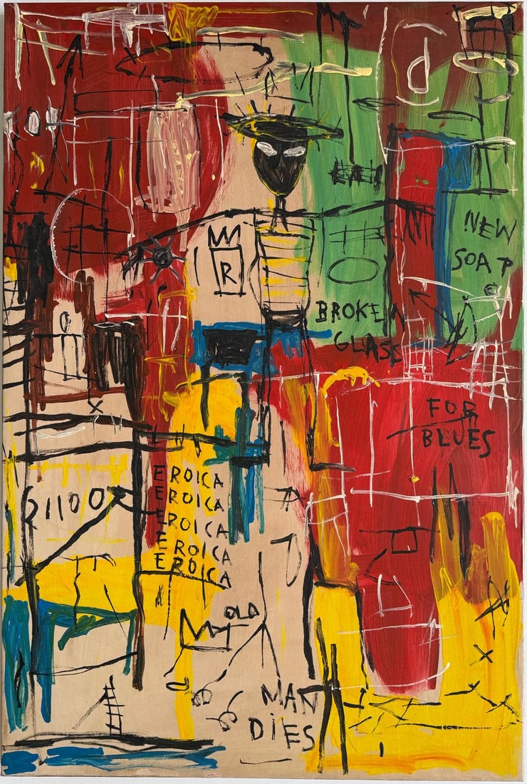 Jean Michel Basquiat Abstract In The Style of. Andy Warhol and Haring Era. Acrylic on Canvas.: Title:No title Technique:Acrylic on canvas Measurements:47 x 31 inches Collection:Private collection Description:This acrylic painting is a vivid and chaotic expression of abstract and street art infl