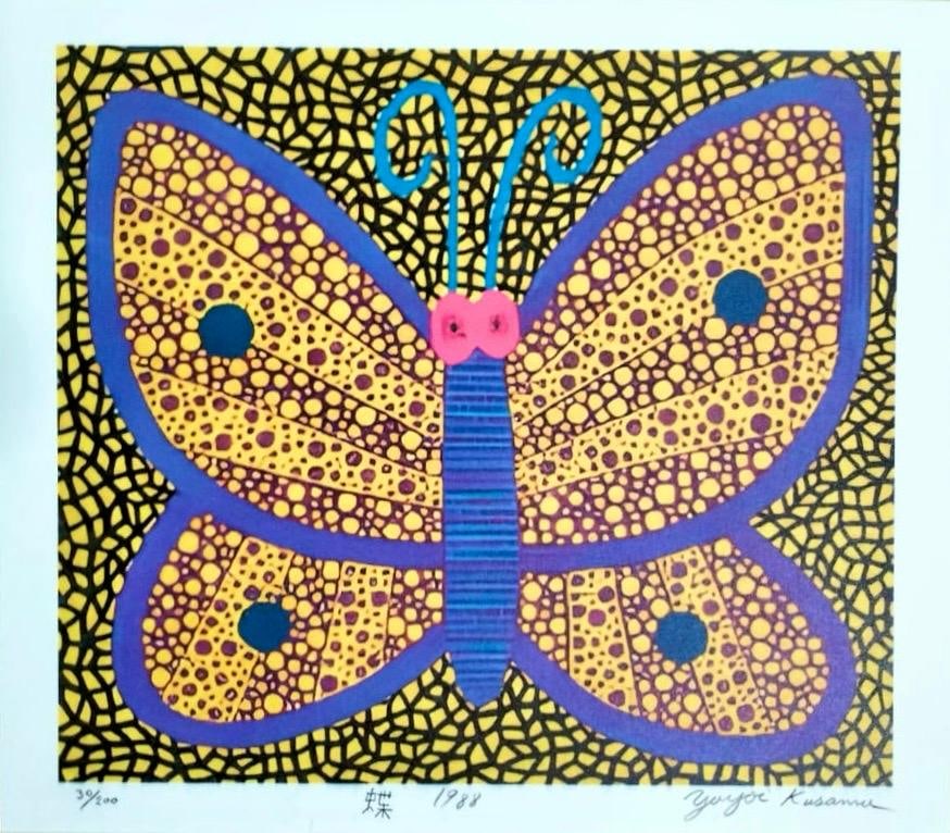 Yayoi Kusama (B.1929), In the Style of Andy Warhol Haring Pop Art Era. Screenprint: Title: BUTTERFLY Technique: Screenprint on wove paper Dimensions: Image: 35 x 31 cm; Sheet: 40 x 35 cm Edition: 30/200 Description:"BUTTERFLY" is a vibrant screenprint that showcases a brilliantly pat