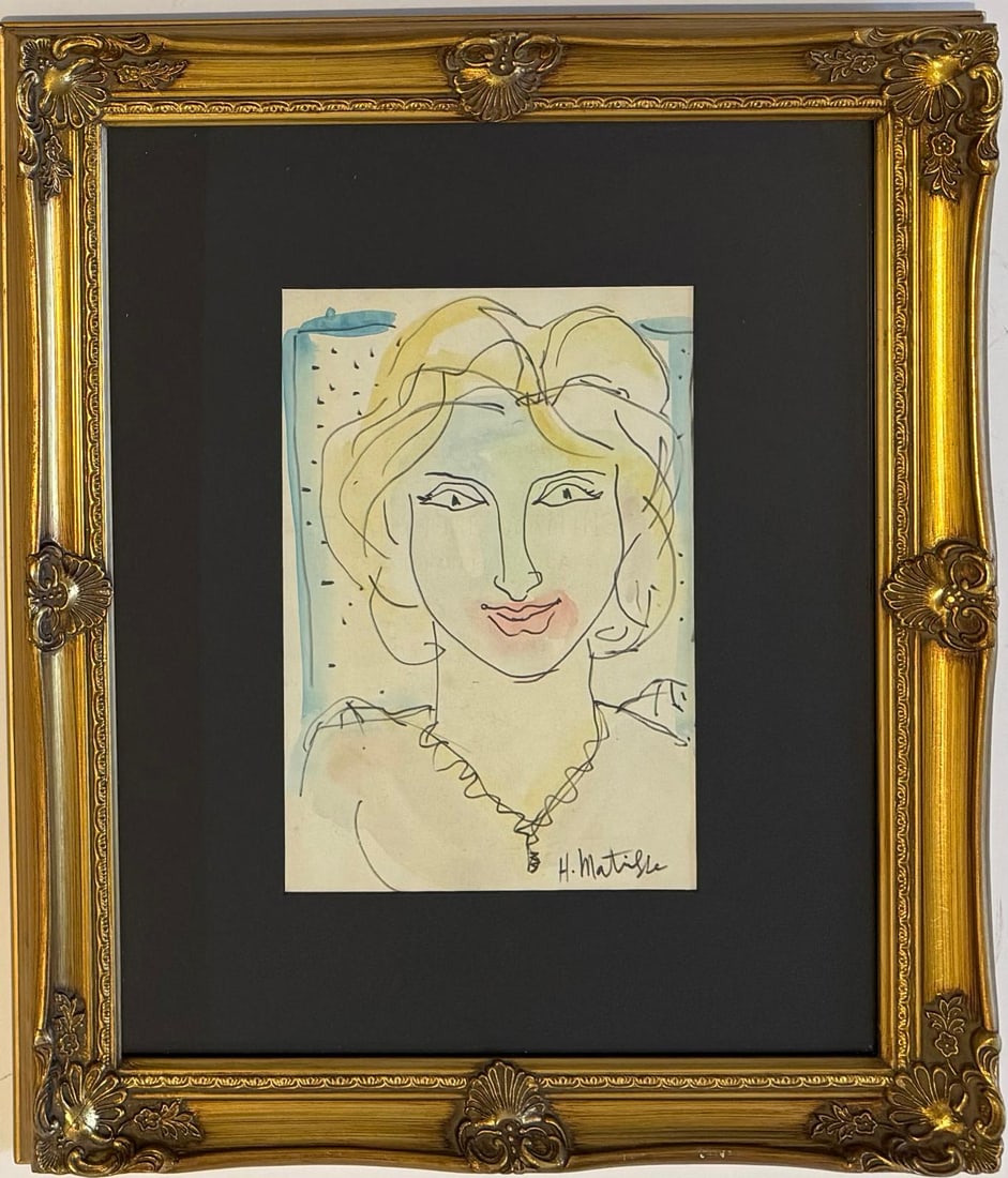 Henri Matisse French1869 -1954 Watercolor/Paper in the style of Picasso Monet Van Gogh Era: Title: Untitled Technique: Watercolor on paper Dimensions: 10 x 7 inches Collection: Private collection Description:This delicate watercolor artwork features an expressive portrait rendered with a lig