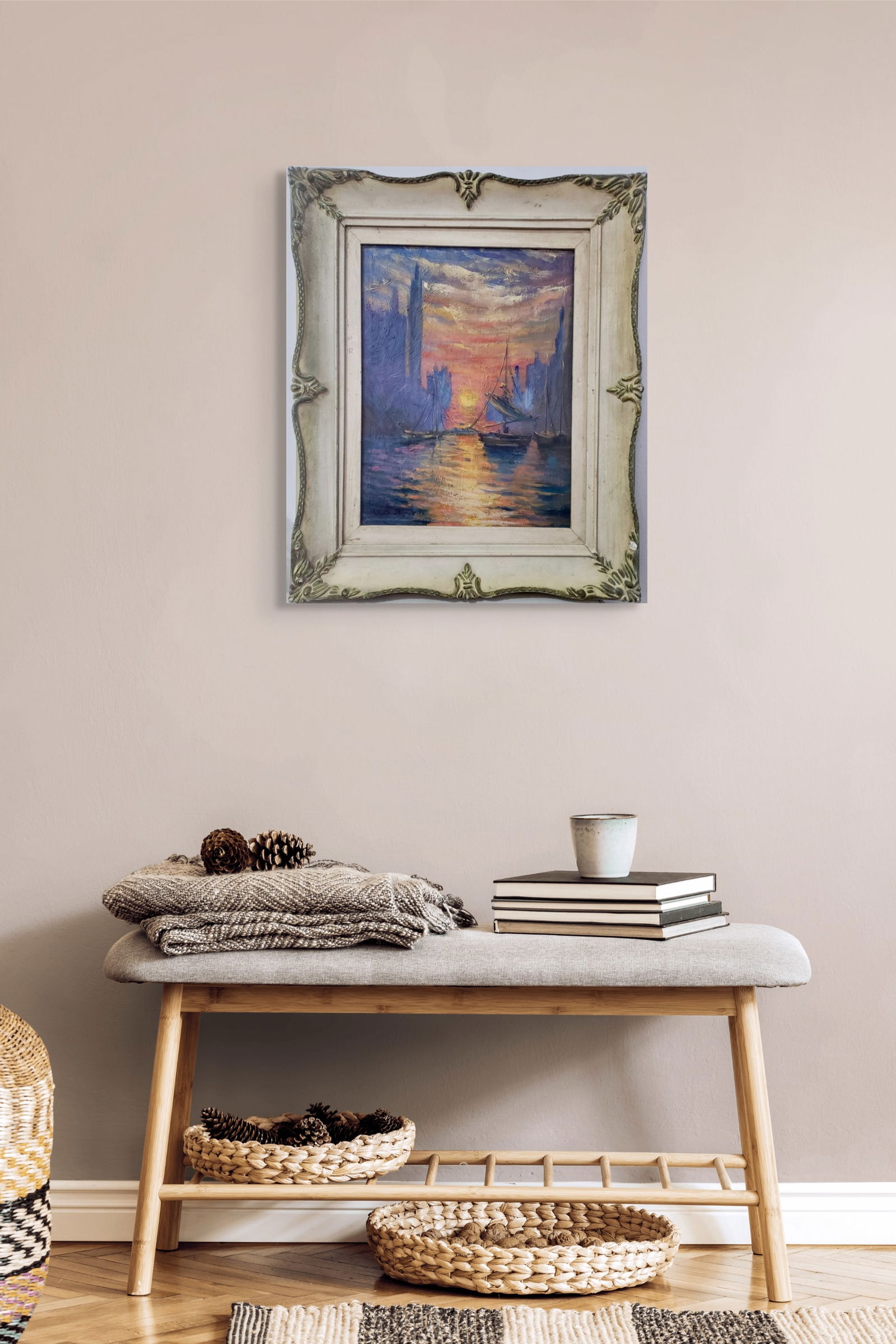 Claude Monet French 1840 - 1926 Oil on Canvas Painting Renoir Manet Pissarro Era.: This impressionist oil painting on canvas vividly captures the essence of a sunset over the sea, with a bustling cityscape in the background and a ship gracefully navigating the waters. Measuring 21 b