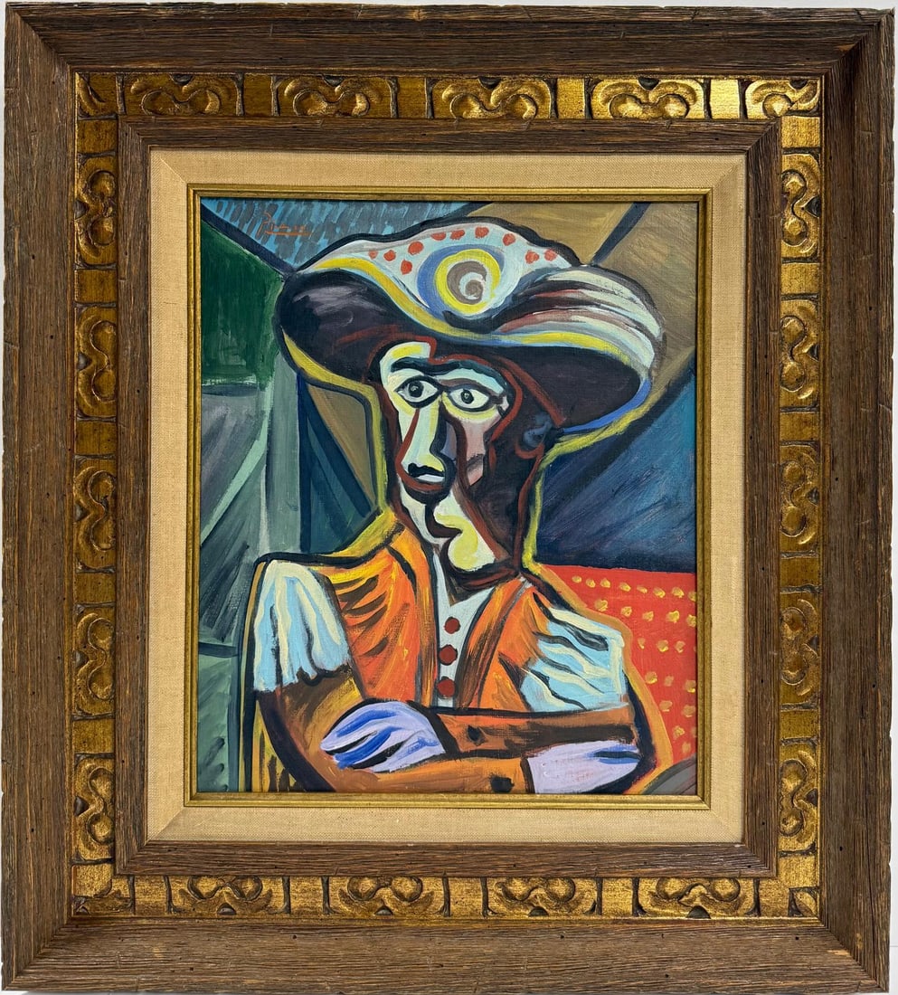 Pablo Picasso Spanish 1881-1973 Beautiful Oil On Canvas Painting in the style of Dali Magritte, Era: Title: Untitled Technique: Oil on canvas Dimensions: 14 x 12 inches Collection: Private collection Description:This oil painting showcases a bold and expressive style, with strong, angular forms and v