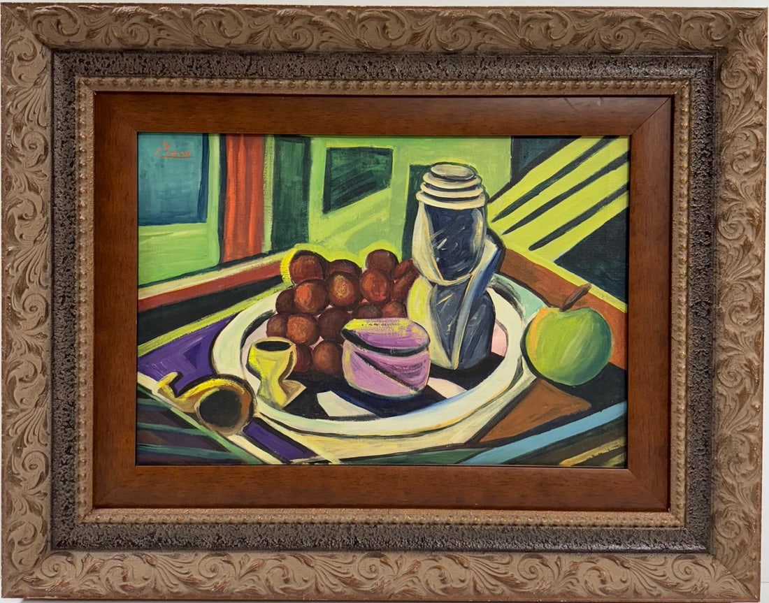 Pablo Picasso Spanish 1881-1973 Beautiful Oil on canvas in the style of Dali Magritte, Era: Title: Untitled Technique: Oil on canvas Dimensions: 12 x 17.5 inches Collection: Private collection Description:This oil painting depicts a still life arrangement featuring a dynamic composition of f