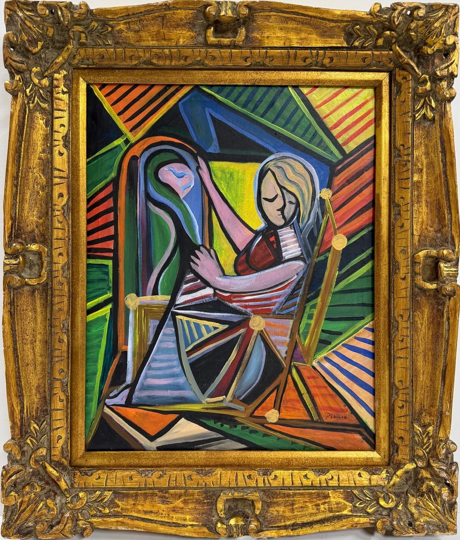 Pablo Picasso Spanish 1881-1973 Beautiful Oil on canvas in the style of Dali Magritte, Era: Title: Untitled Technique: Oil on canvas Dimensions: 20 x 16 inches Collection: Private collection Description:This oil on canvas captures a captivating and abstract portrayal of a seated woman gazing