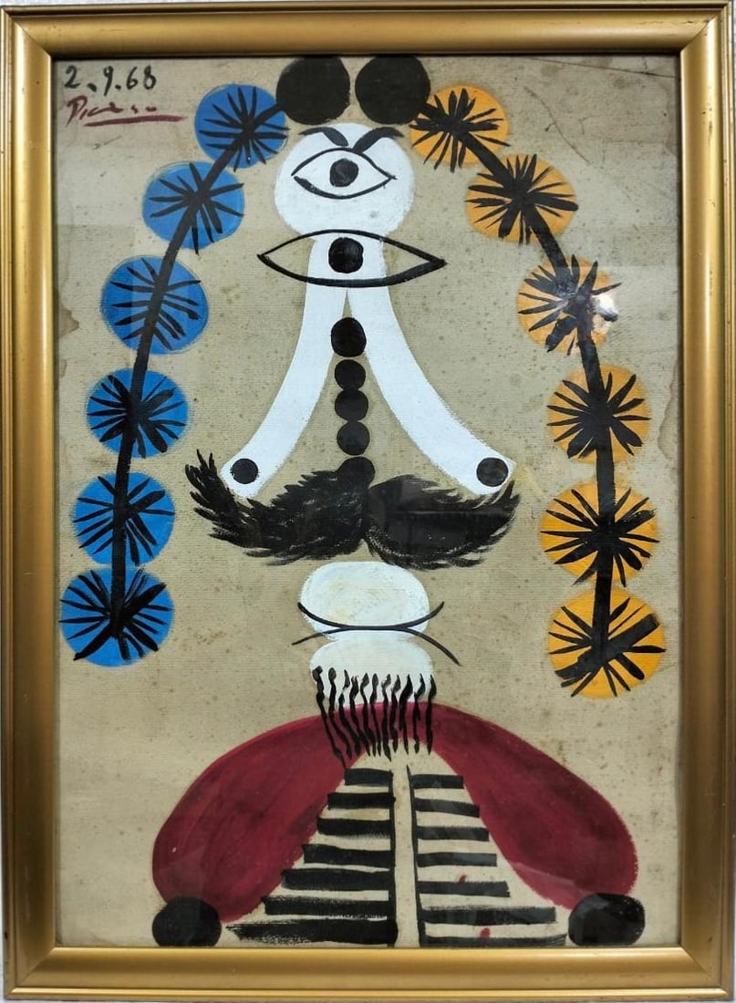 Pablo Picasso Spanish 1881-1973 Beautiful Oil on canvas in the style of Dali Magritte, Era: Title: Mosqueta Technique: Oil on canvas Measures: 26 x 18 inches (66 x 46 cm)Private collection. Description:This intriguing oil on canvas titled Mosqueta features a highly stylized and symbolic comp