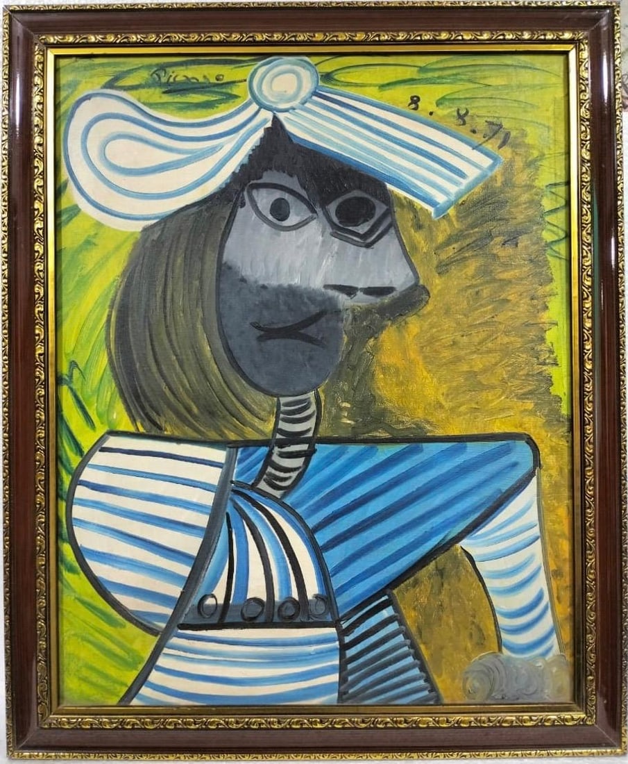 Pablo Picasso Spanish 1881-1973 Beautiful Oil on canvas in the style of Dali Magritte, Era: Title: Woman with Hat Technique: Oil on canvas Measures: 31.5 x 23.6 inches (80 x 60 cm) Private collection. Description: This striking composition portrays a stylized woman wearing a hat, characteriz