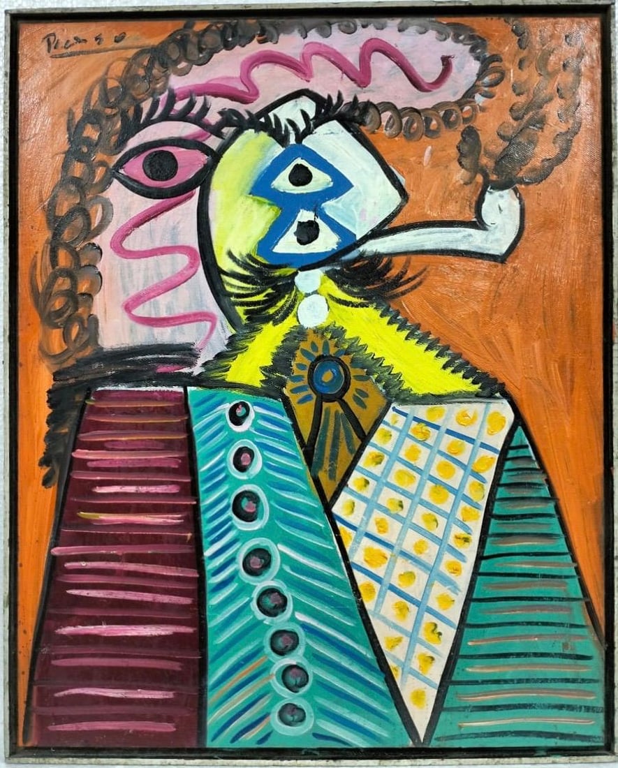 Pablo Picasso Spanish 1881-1973 Beautiful Oil on canvas in the style of Dali Magritte, Era: Title: Homme à la Pipe Technique: Oil on Canvas Dimensions: 32 x 25 ½ inches (82 x 65 cm) Private Collection Description: This captivating piece features an abstract interpretation of a man sm