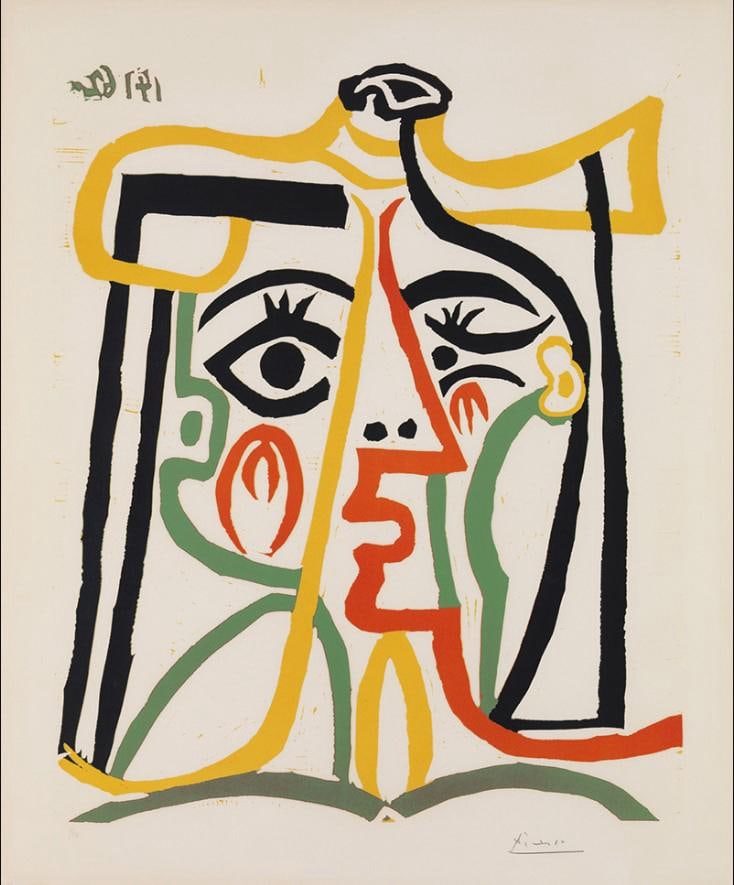 Pablo Picasso Spanish 1881-1973 Beautiful Color Linocut in the style of Dali Magritte, Era: Title: Tête de Femme (Head of a Woman), 1962 Reference: Bloch 106, Baer 1279 Series: Jacqueline Medium: Color Linocut on Wove Paper Image Size: 25 1/4 x 20 3/4 inches (64 x 53 cm) Sheet Size: 29 5/8 
