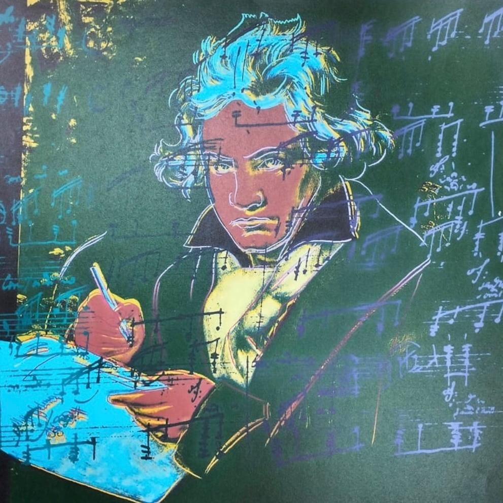 Andy Warhol American 1928-1987 Beethoven Screenprint in the style of. Basquiat, Haring Pop Art Era: Title: Beethoven Technique: Screenprint in colors Year: 1987 Dimensions: Sheet: 700 x 700 mm Edition: Numbered 'AP 4/15' (Artist's proof, with an edition of 60) Publisher: Hermann Wünsche, Bonn, Germ