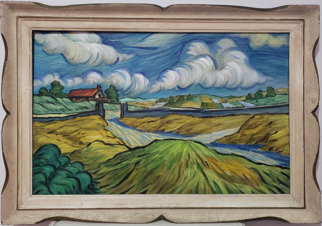 Vincent Van Gogh Dutch 1853-1890 Oil on Canvas painting Gaugin, Degas Era. In the stye of.: Title:Landscape Technique:Oil on canvas Dimensions:22 x 32 inches Collection:Private collection Description:This vibrant landscape painting captures a scenic countryside with swirling clouds that stre