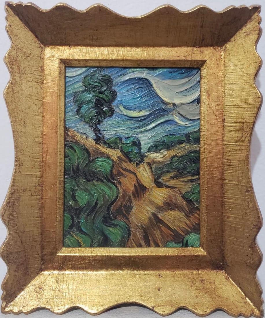 Vincent Van Gogh Dutch 1853-1890 Oil on Canvas painting Gaugin, Degas Era. In the stye of.: Title: Landscape Technique: Oil on canvas Dimensions: 9.5 x 8 inches Collection: Private collection Description: Landscape is a mesmerizing oil painting that captures the essence of a windswept, rural
