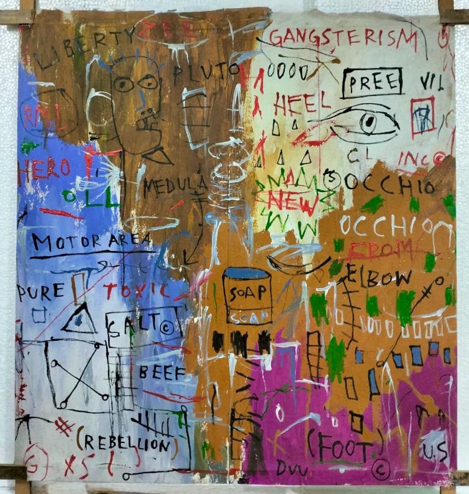 Jean Michel Basquiat Abstract In The Style of. Andy Warhol and Haring Era. Oil on Canvas.: Title: Untitled Technique: Acrylic on canvas Dimensions: 39 x 37 inchesCollection: Private. Description: This dynamic and expressive acrylic painting incorporates a raw and unfiltered aesthetic, combi