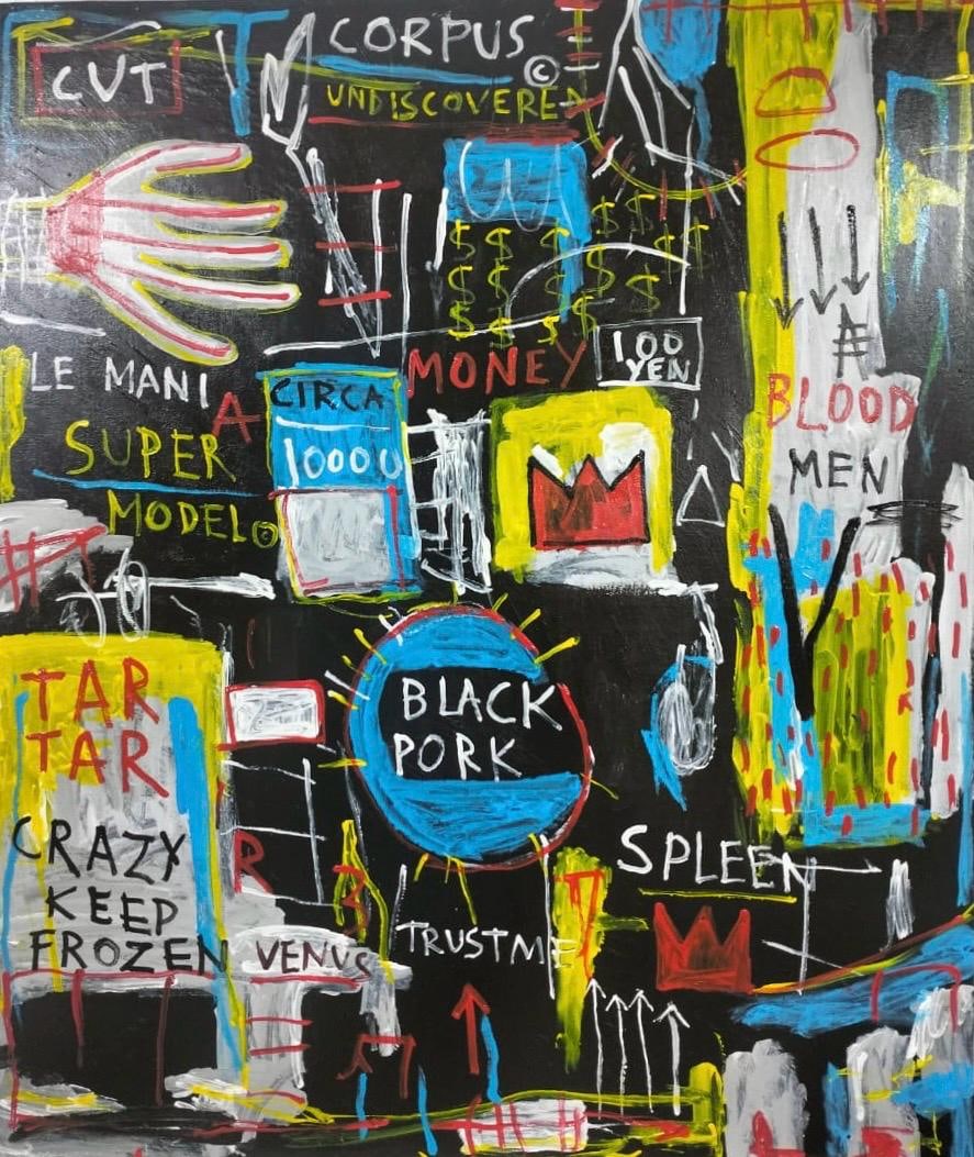 Jean Michel Basquiat Abstract In The Style of. Andy Warhol and Haring Era. Oil on Canvas. (1 of 11)