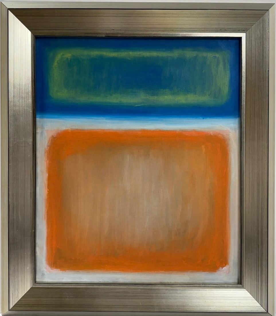 Mark Rothko Russian / American 1903 - 1970 In The Style of Oil on canvas painting Pollock: Title: Untitled Technique: Oil on canvas Dimensions: 24 x 20 inches Collection: Private collection Description: This oil on canvas presents a captivating interplay of vibrant orange, green, and blue h