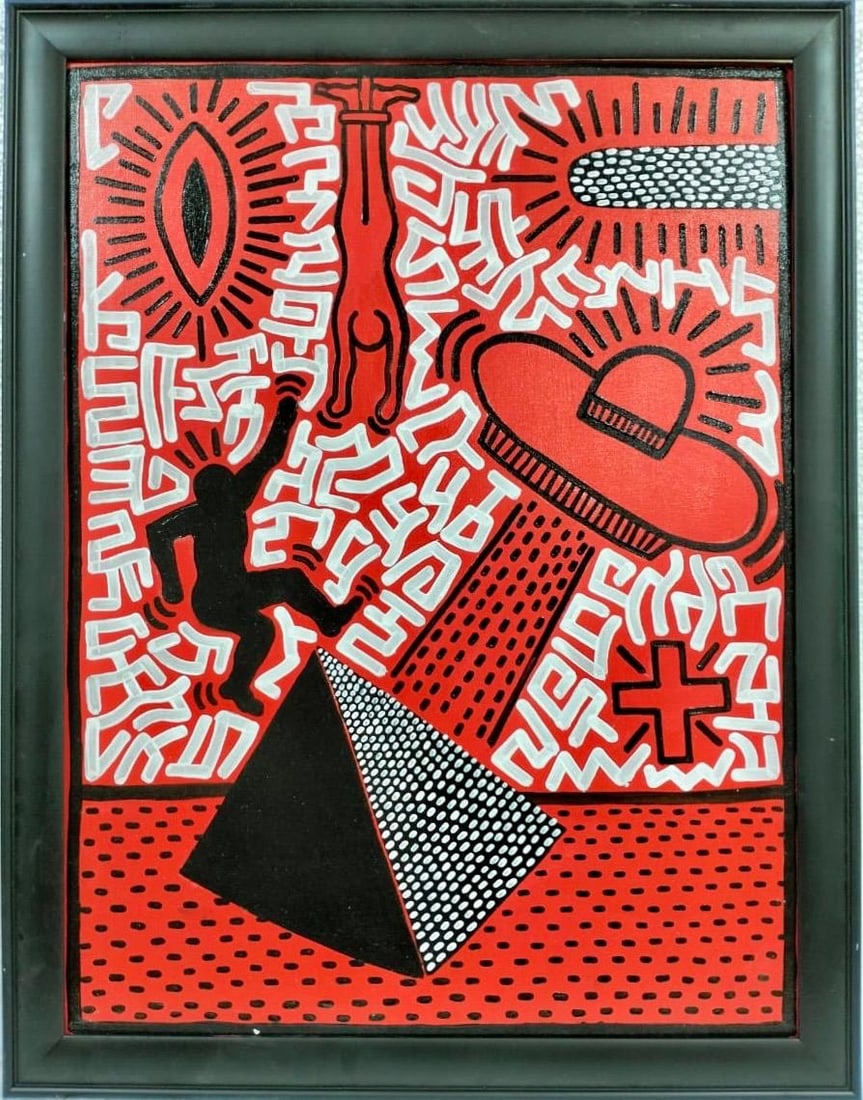 Keith Haring American 1958 - 1990 Acrylic/Canvas In The Style of Warhol Haring Pop Art Era.: Title: Untitled Technique: Acrylic on canvas Dimensions: 31 ½ x 24 inches Collection: Private collection Description: This vibrant acrylic on canvas features bold red and black hues intersperse