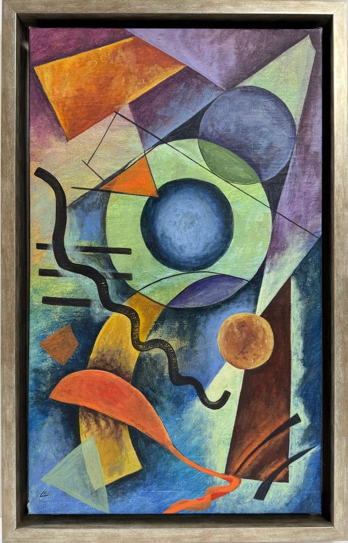 Wassily Kandinsky 1866 - 1944 Oil on Canvas Painting in the style of. Mondrian. Kazimir Malevich Era: Title: Untitled Technique: Oil on canvas Dimensions: 21 1/2 x 13 inches Collection: Private collection Description: A dynamic abstract composition that captures a harmonious interplay of geometric sha