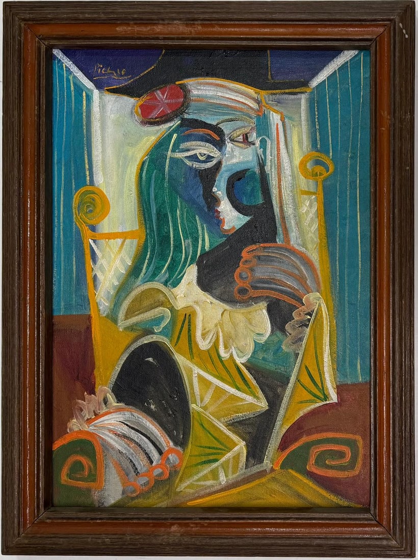 Pablo Picasso Spanish 1881-1973 Oil on canvas In The Style Of. Dali, Magritte, Braque, Matisse Era: Title: Untitle Technique: Oil on Canvas Dimensions: 17 x 12 inches Collection: Private Collection Description:This expressive painting portrays a seated figure rendered in a Cubist style, characterize