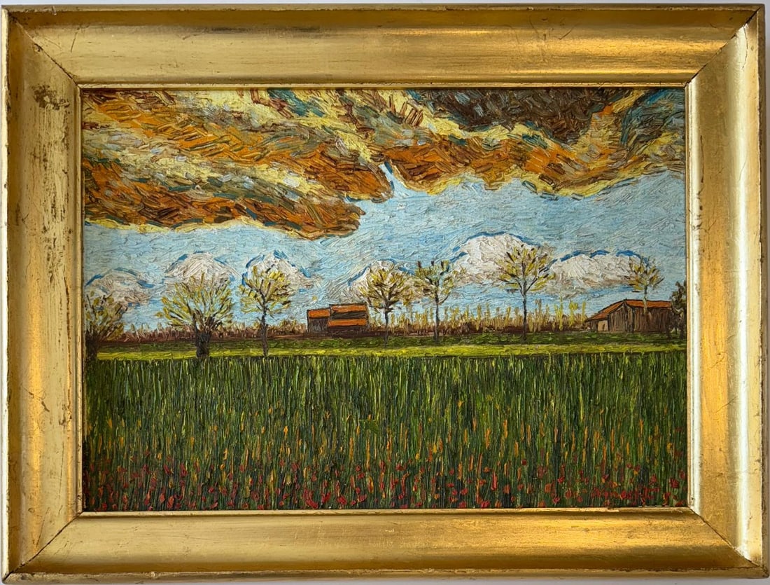 Vincent Van Gogh Dutch 1853-1890 Oil on Canvas painting Gaugin, Degas Era. In the stye of.: Title: Champs près des Alpilles Technique: Oil on Canvas Dimensions: 13.5 x 19 inches Collection: Private Collection Provenance:The label on the back confirms the artwork's connection to the Solomon 
