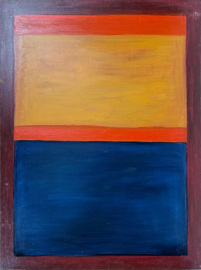 Mark Rothko Russian / American 1903 - 1970 In The Style of Oil on canvas painting Pollock: Title: Brown and Blue on Orange Technique: Oil on canvas Dimensions: 47 x 35 inches Collection: Private Collection Provenance: The Solomon R. Guggenheim Museum, 1071 Fifth Avenue, New York City 10128.