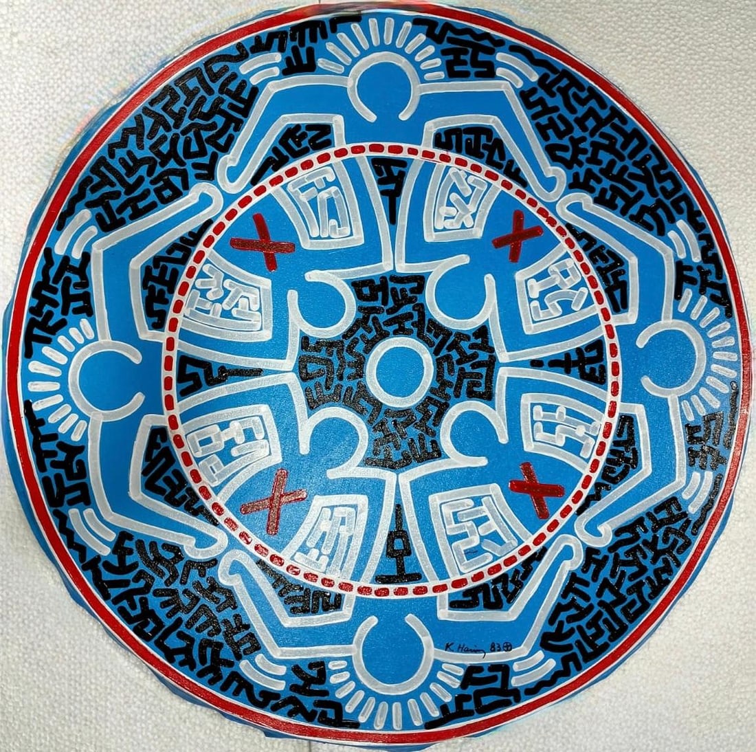 Keith Haring American 1958 - 1990 Acrylic/Canvas In The Style of Warhol Haring Pop Art: Title: Untitled Technique: Acrylic on canvas Dimensions: 32 inches in diameter Collection: Private collection Description:This circular artwork, rendered in pen on paper, features a mesmerizing patter