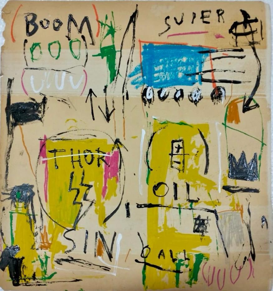 Jean Michel Basquiat Abstract In The Style of. Andy Warhol and Haring Era. Mixed Media/Paper.: Title: Untitled Technique: Mixed media on paper Dimensions: 24 x 22 inches Collection: Private collection Description:This untitled artwork is a vibrant and thought-provoking example of mixed media on