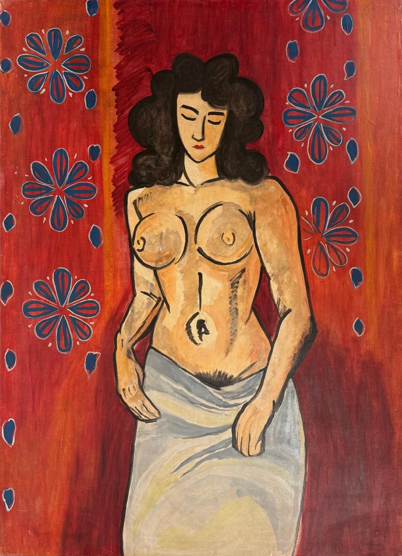 Henri Matisse French1869 -1954 oil on canvas in the style of Picasso Monet Van Gogh Era: Title: Nude Technique: Oil on canvas Dimensions: 51 x 27 inches Provenance: Private collection, with a label confirming its connection to Perls Galleries Description:This striking oil painting titled