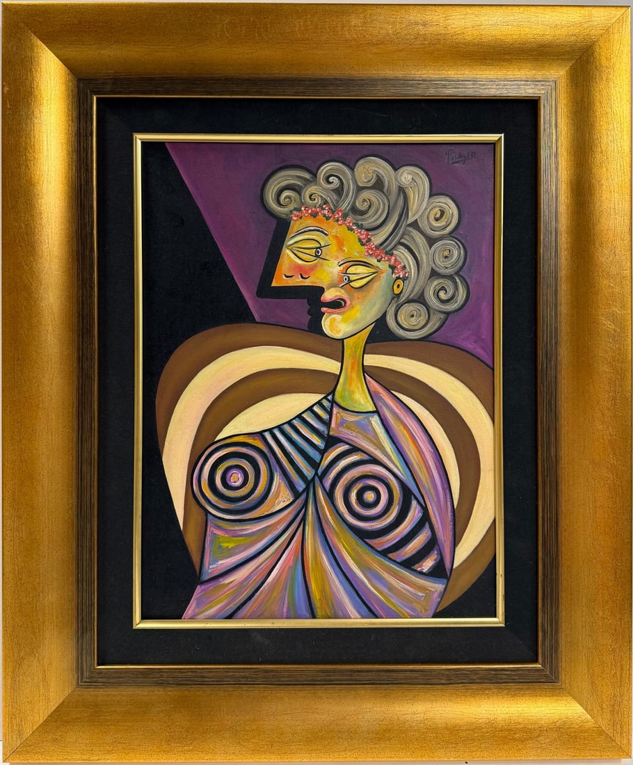 Pablo Picasso Spanish 1881-1973 Beautiful Oil on canvas in the style of. Dali, Magritte, Era: Title: Untitled Technique: Oil on canvas Dimensions: 20 x 15 inches Condition: Excellent, framed Collection: Private collection Description:This vibrant oil on canvas features a stylized female figure