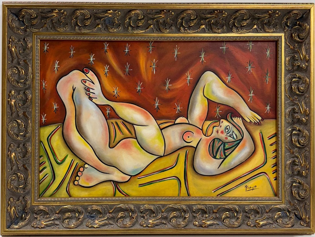 Pablo Picasso Spanish 1881-1973 Beautiful Oil on canvas in the style of. Dali, Magritte, Era: Title: Untitled Technique: Oil on canvas Dimensions: 16 x 24 inches Condition: Excellent, framed Collection: Private collection Description:This captivating oil on canvas showcases a reclining nude fi