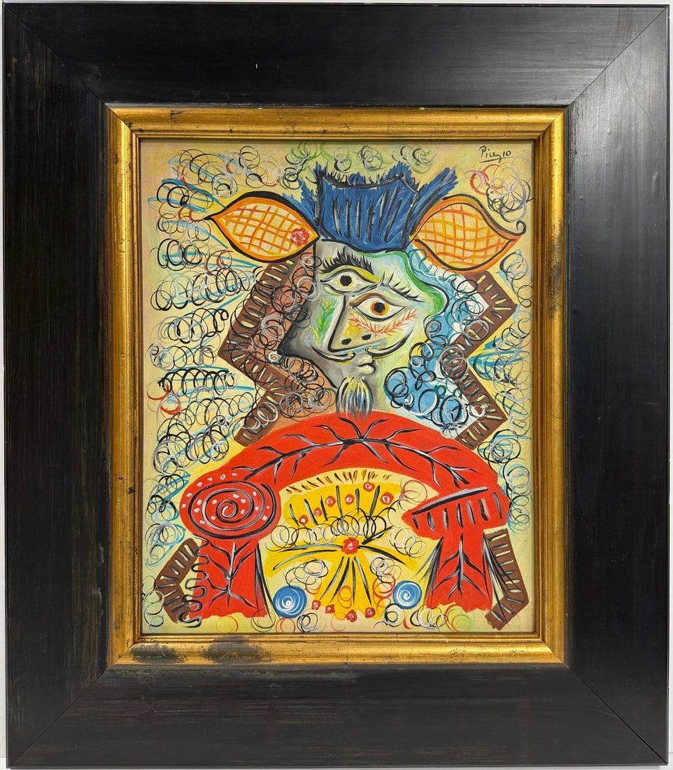 Pablo Picasso Spanish 1881-1973 Beautiful Oil on canvas in the style of . Dali, Magritte, Era: Title: Untitle Technique: Oil on canvas Dimensions: 20 x 16 inchesCondition: Excellent, framed Collection: Private collection Description:This striking oil on canvas artwork features a surreal and ima