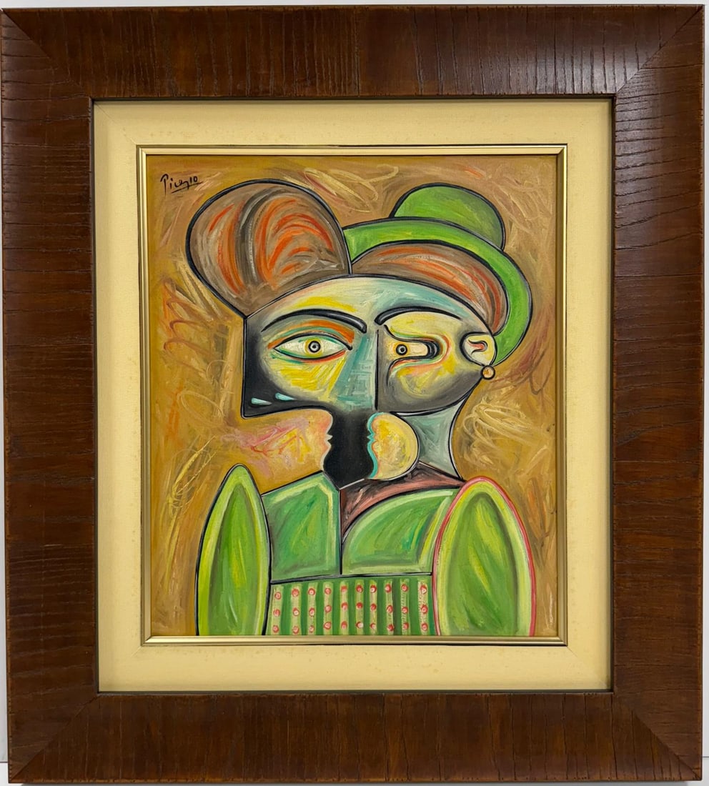 Pablo Picasso Spanish 1881-1973 Beautiful Oil on canvas in the style of. Dali, Magritte, Era: Title: Untitle Technique: Oil on canvas Dimensions: 16 x 14 inches Condition: Excellent, framed Collection: Private collection Description:This vibrant oil on canvas exemplifies a masterful blend of a