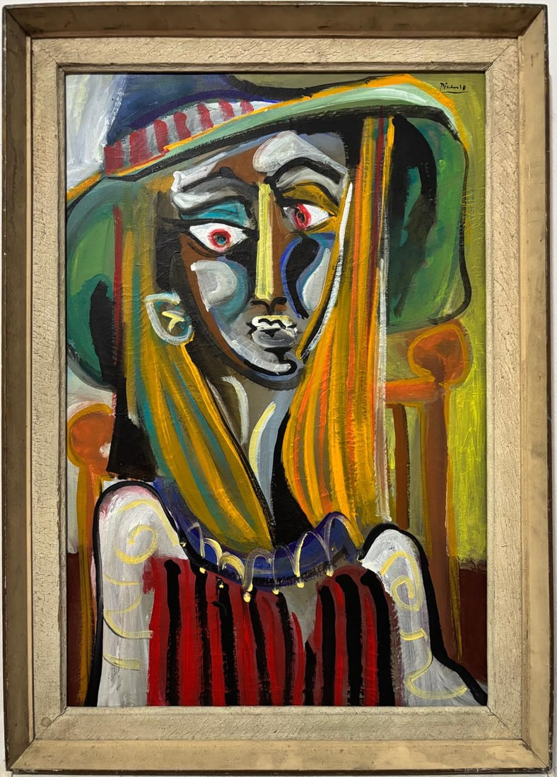 Pablo Picasso Spanish 1881-1973 Beautiful Oil on canvas in the style of. Dali, Magritte, Era: Title: Untitle Technique: Oil on canvas Dimensions: 26 x 18 inches Collection: Private collection Description:This oil on canvas depicts a vibrant and expressive portrait with bold, angular brushstrok