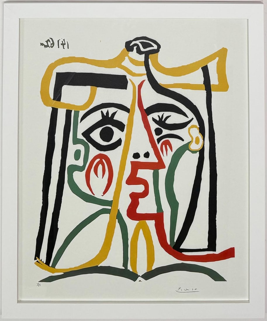 Pablo Picasso Spanish 1881-1973 Linocut in Colors. In The Style Of. Dali, Matisse, Magritte, Era: Title: Tête de Femme (Head of a Woman), 1962 Reference: Bloch 106, Baer 1279 Series: Jacqueline Medium: Color Linocut on Wove Paper Image Size: 25 1/4 x 20 3/4 inches (64 x 53 cm) Sheet Size: 29 5/8 