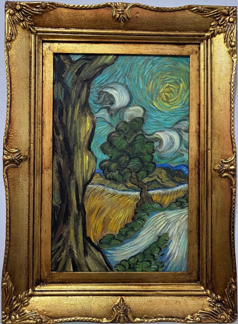 Vincent Van Gogh Dutch 1853-1890 Oil on Canvas painting In the Style of. Impressionist Era.: Title: UntitleTitle: Untitle Technique: Oil on canvas Dimensions: 24 x 17 inches Collection: Private collectionProvenance: Back sticker – 32 EAST 57TH STREET • NEW YORK Description:This vibrant