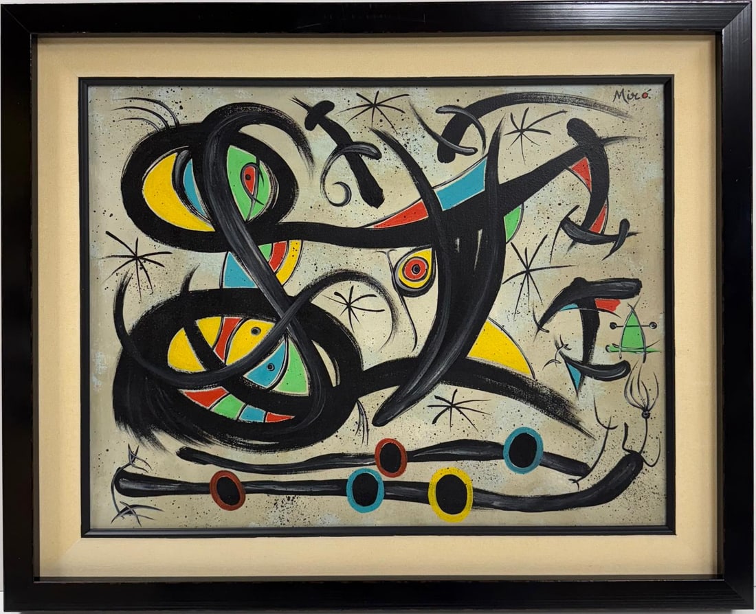 Joan Miro Spanish 1893 - 1983 Oil on Canvas in the style of. Dali, Picasso, Magritte, Chagall Era: Title: Untitle Technique: Oil on canvas Dimensions: 15 x 20 inches Collection: Private Collection Provenance: Back sticker Galerie Beyeler This vibrant oil painting showcases a surreal and dynamic com