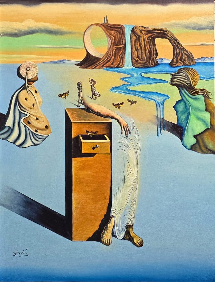 Salvador Dali Spanish 1904 - 1989 Oil on Canvas Painting in the style of. Magritte, Surrealist Era.: Title: Untitle Technique: Oil on canvas Dimensions: 26 x 20 inches Collection: Private Collection This surrealist composition features an enigmatic dreamscape with Dalí-esque elements. In the foregro