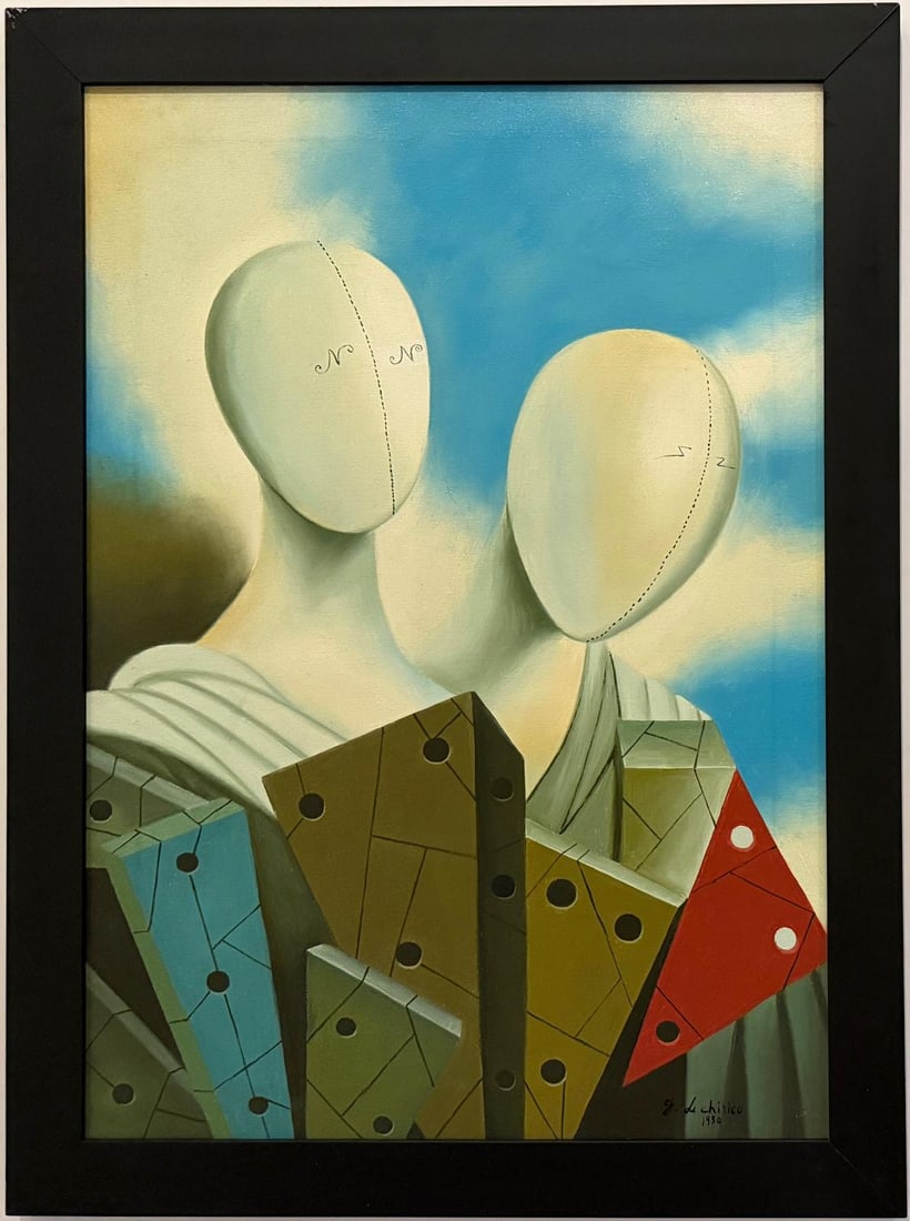 Giorgio de Chirico Italian 1880-1978 Oil on Canvas in the style of. Dali, Max Ernst, Surrealist Era: Title: Gli Amanti Technique: Oil on canvas Dimensions: 27 x 20 inches Collection: Private Collection Provenance: Galerie Louis Carré, 10 Avenue de Messine, Paris - France This artwork features two en