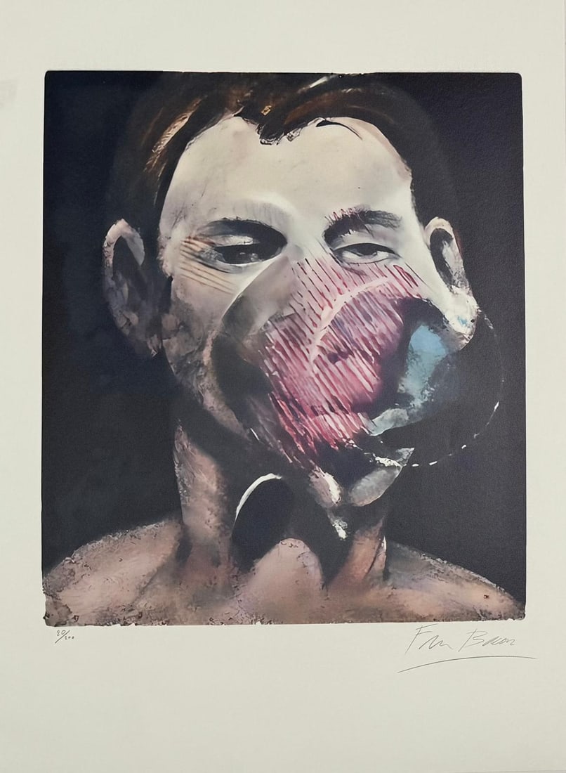 Francis Bacon Irish-British (1909-1992) Lithograph Picasso, Magritte, Dali Era. In the style of: Title: Central Panel from Three Studies for a Portrait of Peter Beard I Technique: Lithograph in Colors on Wove Paper Date: 1976 Edition: Numbered 20/200 (with an additional four artist's proofs) Dime