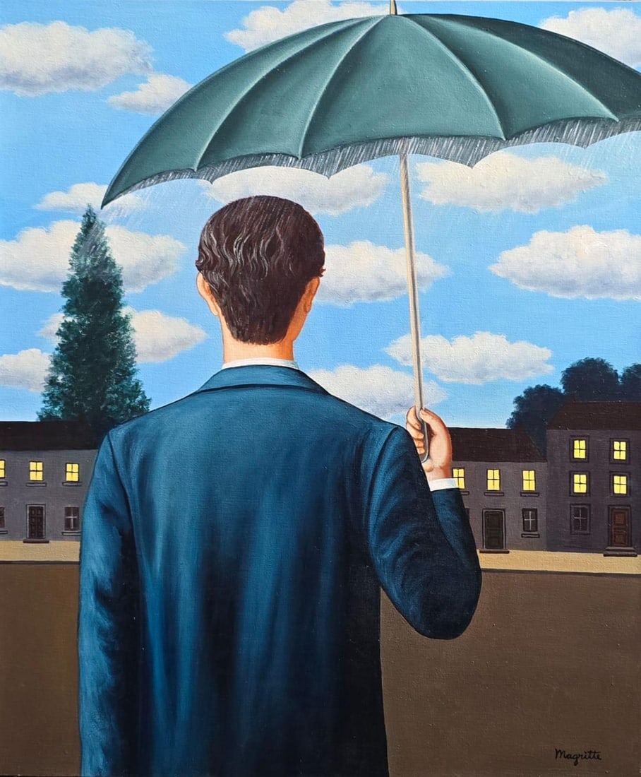 Rene Magritte Belgian 1898 - 1967 Untitled Oil on Canvas Painting in The Style of. Dali Picasso Era: Title: Untitle Technique: Oil on canvas Measures: 24 x 20 inches Provenance: Private collection Description:This oil on canvas artwork showcases a surrealist scene of a man seen from behind, holding a