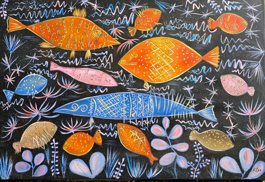 Paul Klee Swiss-German 1879-1940 Oil on Canvas painting In the style of Chagall,Picasso,Matisse Era: Title: Untitle Technique: Oil on canvas Measures: 16 x 24 inches Provenance: Private collection Description:This vibrant and whimsical oil painting features an underwater world teeming with colorful,