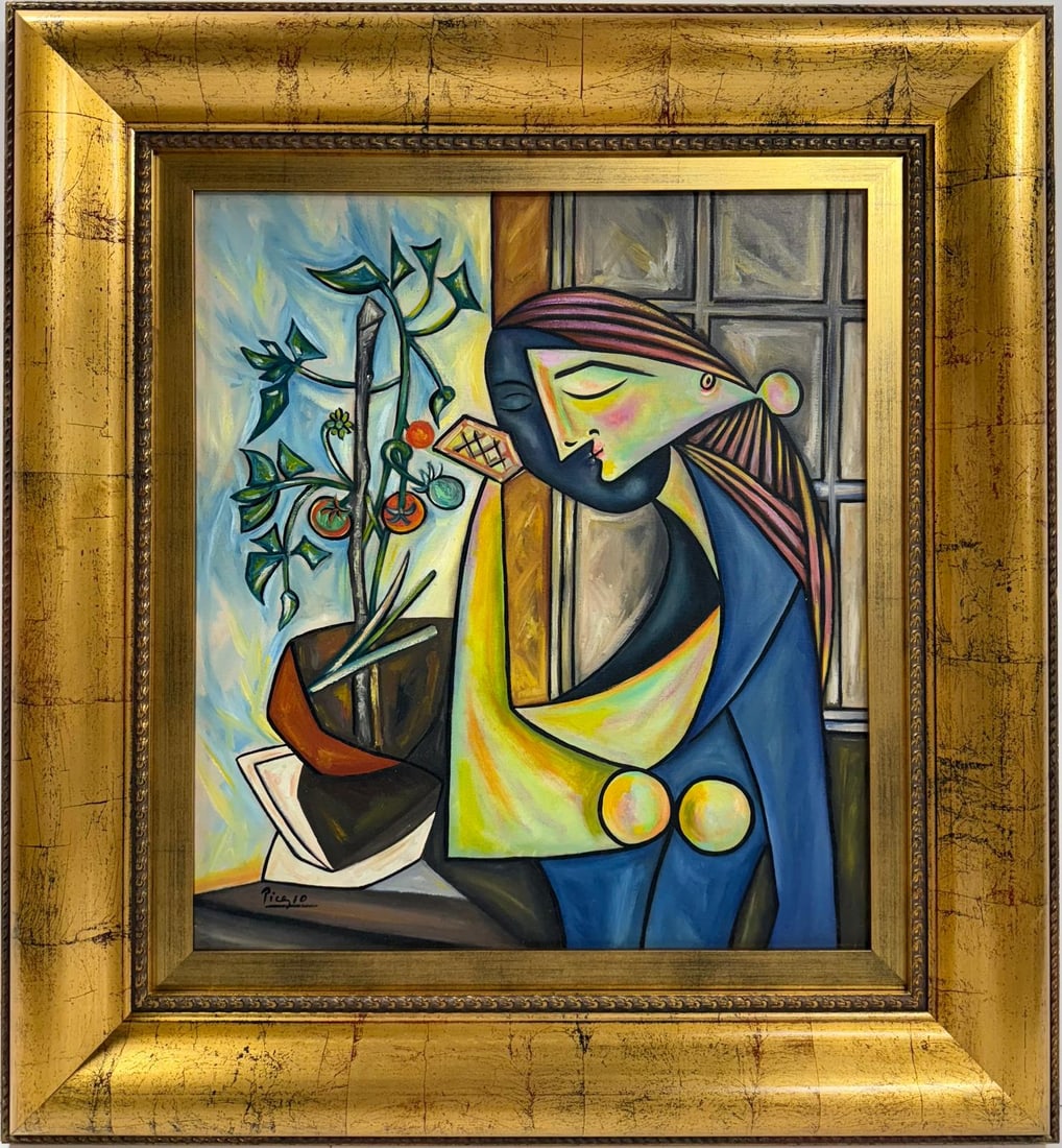 Pablo Picasso Spanish 1881-1973 Beautiful Oil on canvas In The Style Of. Dali, Magritte, Era: Title: UntitledTechnique: Oil on Canvas Dimensions: 20 x 18 inches Collection: Private Collection Description:This artwork portrays a contemplative figure, characterized by geometric abstraction and s