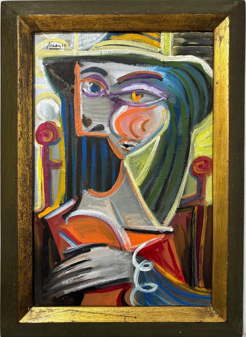 Pablo Picasso Spanish 1881-1973 Beautiful Oil on canvas In The Style Of. Dali, Magritte, Era: Title: UntitledTechnique: Oil on Canvas Dimensions: 19 x 13 inches Collection: Private Collection Description:This vibrant oil painting employs a bold Cubist style, featuring an abstracted portrait wi