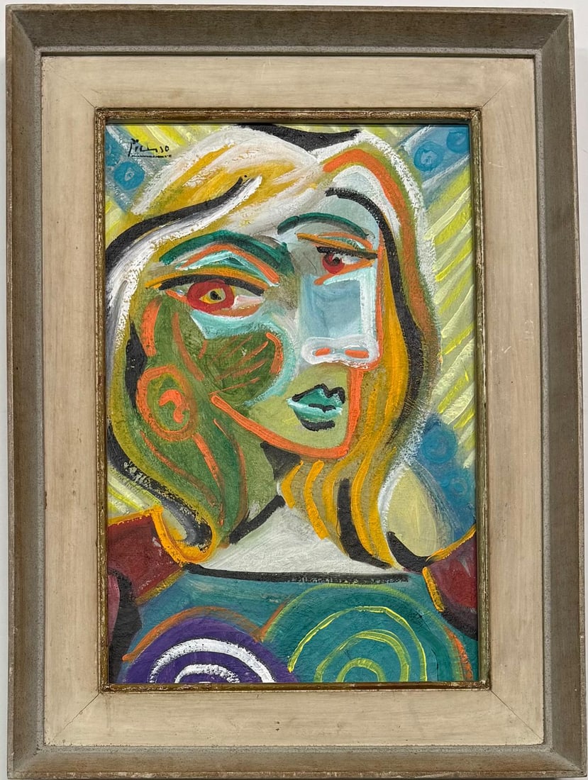 Pablo Picasso Spanish 1881-1973 Beautiful Oil on canvas In The Style Of. Dali, Magritte, Era: Title: UntitledTechnique: Oil on Canvas Dimensions: 16 x 10 inches Collection: Private Collection Description:This striking Cubist-style oil painting features a bold and colorful abstract portrait. Th