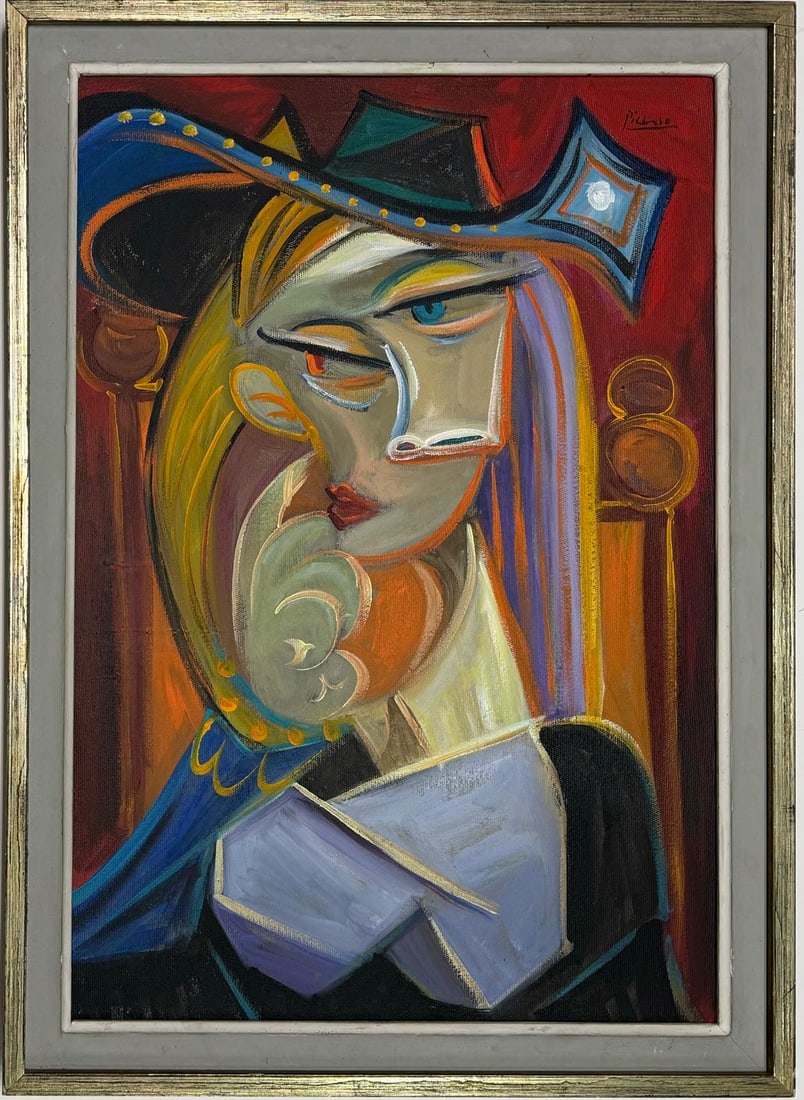 Pablo Picasso Spanish 1881-1973 Beautiful Oil on canvas In The Style Of. Dali, Magritte, Era: Title: UntitledTechnique: Oil on Canvas Dimensions: 21.5 x 16 inches Collection: Private Collection Description:A meticulously crafted oil painting on canvas, measuring 21.5 x 16 inches, captures the 