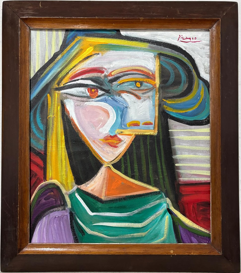 Pablo Picasso Spanish 1881-1973 Beautiful Oil on canvas In The Style Of. Dali, Magritte, Era: Title: UntitledTechnique: Oil on Canvas Dimensions: 21.5 x 16 inches Collection: Private Collection Description:This dynamic oil painting exemplifies the vibrant and fragmented style characteristic of