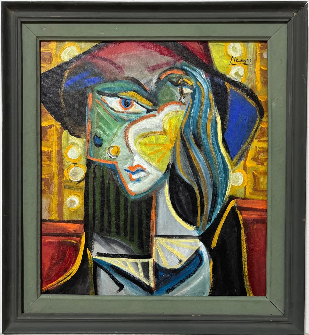 Pablo Picasso Spanish 1881-1973 Beautiful Oil on canvas In The Style Of. Dali, Magritte, Era: Title: UntitledTechnique: Oil on Canvas Dimensions: 19 x 17 inches Collection: Private Collection Description:This dynamic oil painting captures the artist's signature style with its bold use of color