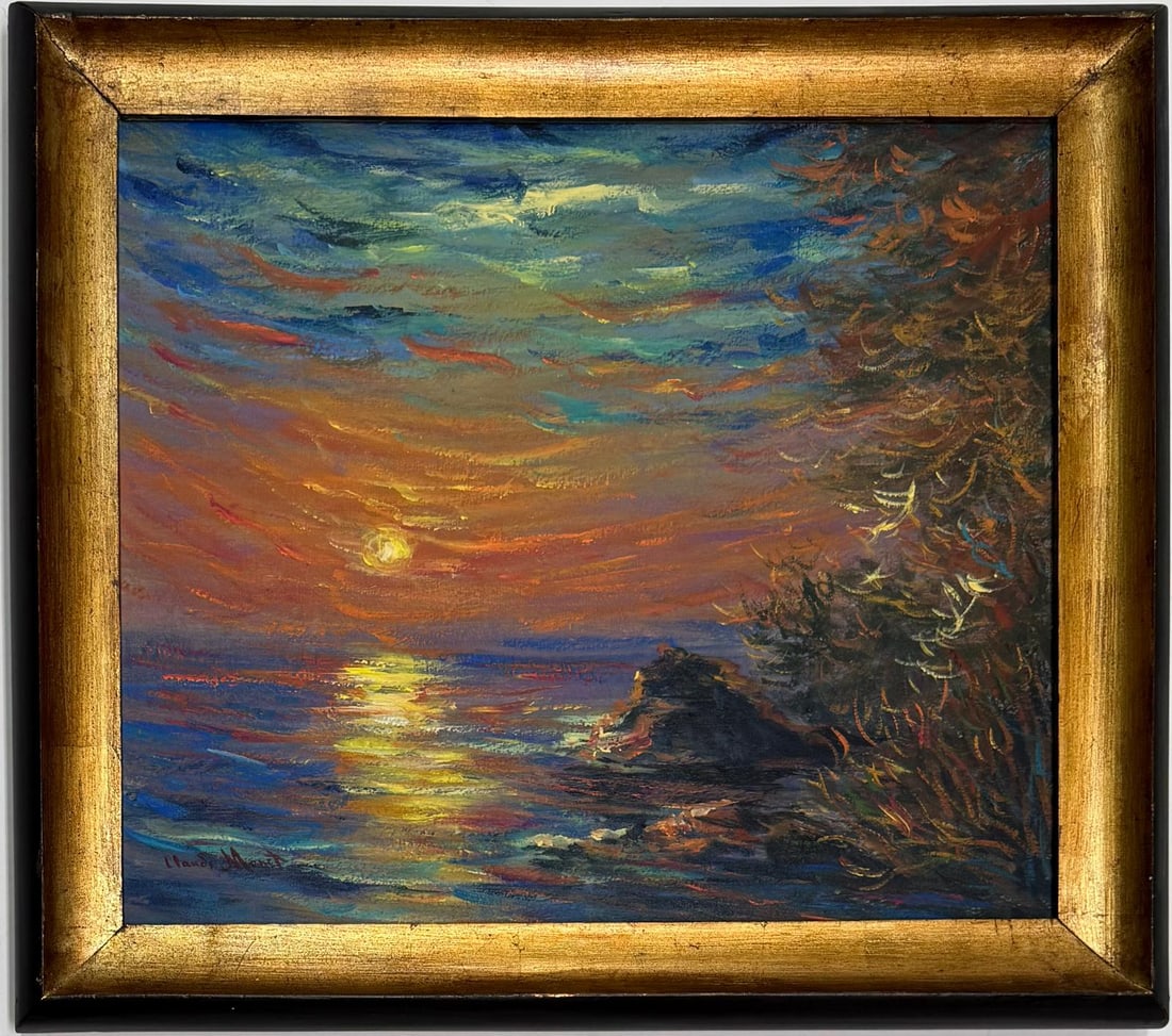 Claude Monet French 1840 - 1926 Oil on Canvas Painting Renoir, Manet, Pissarro Era. In the Style of.: Title: Untitled Technique: Oil on canvas Dimensions: 16.5 x 18.5 inches Collection: Private collection Description: This vibrant oil painting captures the serene beauty of a sunset over the sea. The a