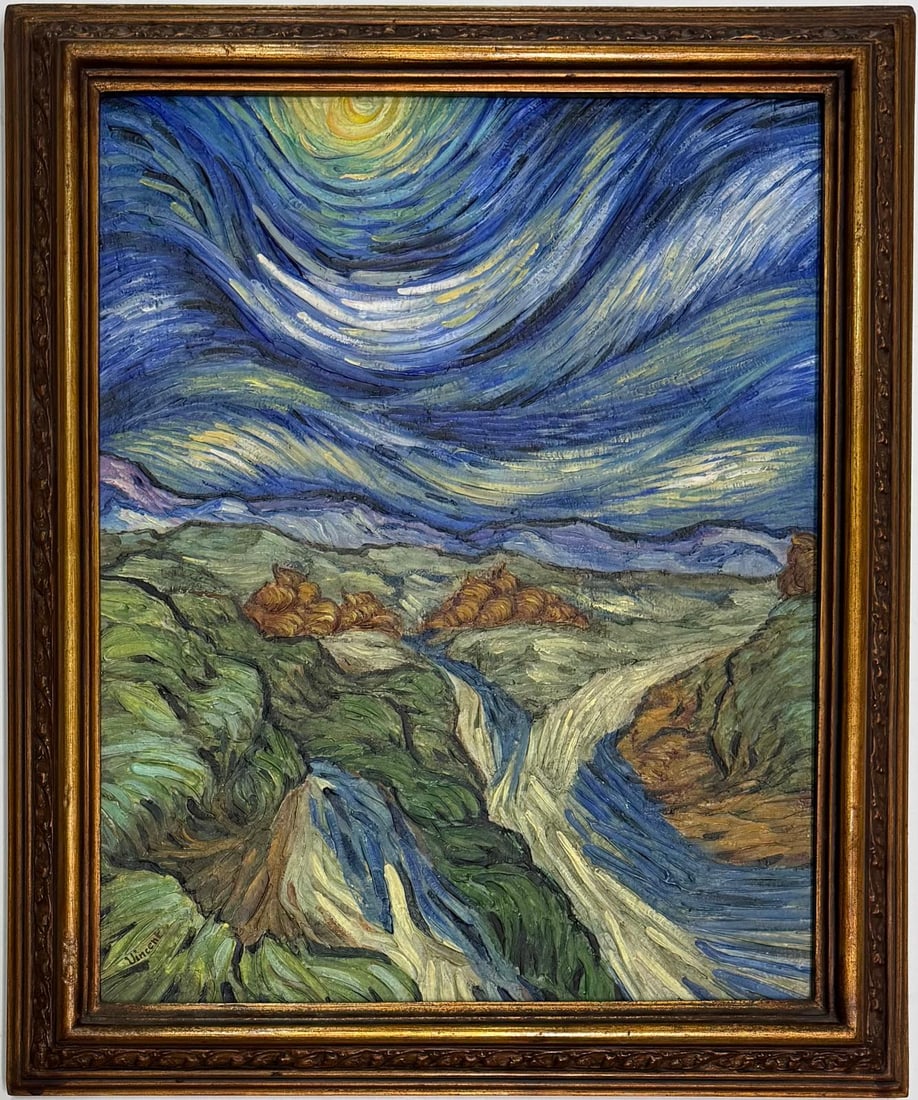 Vincent Van Gogh Dutch 1853-1890 Oil on Canvas painting In the Style of. Gaugin, Degas Impressionism: Title:No Title Technique:Oil on canvas Measurements:19 x 16 inches Collection:Private collection Description:This vibrant oil painting features a dynamic, swirling sky reminiscent of post-impressionis