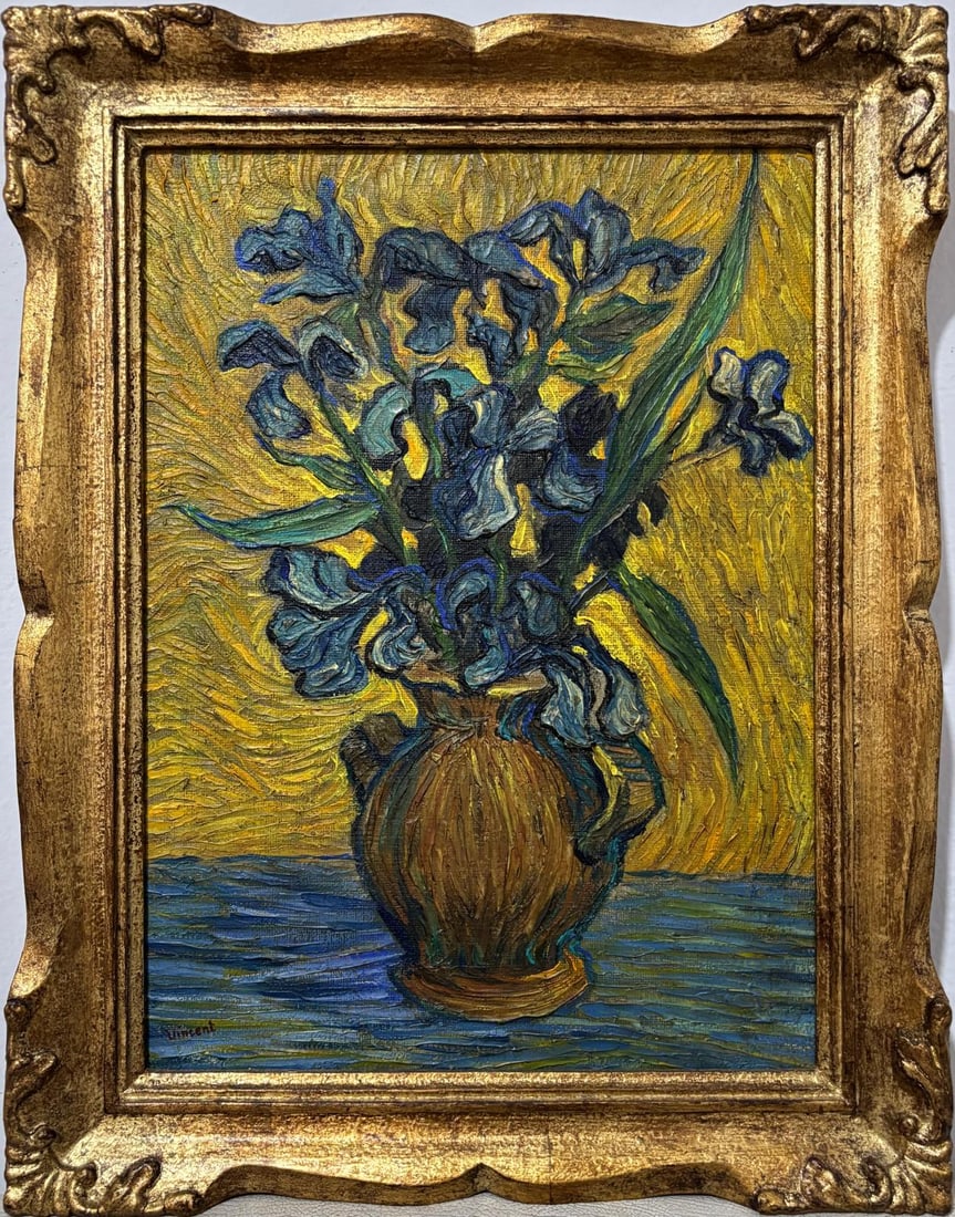 Vincent Van Gogh Dutch 1853-1890 Oil on Canvas painting in the style of. Gaugin, Degas Impressionism: Title: No Title Technique: Oil on canvas Measurements: 18 x 15 inches Collection: Private collection Description: This vibrant still-life painting captures a dynamic bouquet of blue irises arranged in
